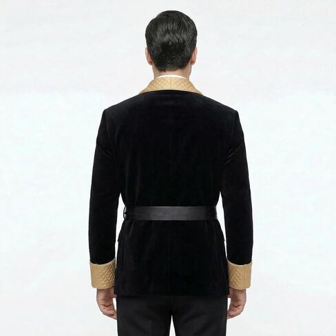 Luxury Velvet Smoking Jacket, Black with Gold Quilted Lapels, Custom Tailored Fit in Saudi Arabia