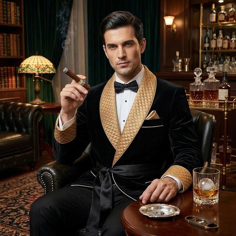 Luxury Velvet Smoking Jacket, Black with Gold Quilted Lapels, Custom Tailored Fit in Saudi Arabia