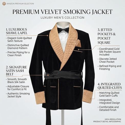Luxury Velvet Smoking Jacket, Black with Gold Quilted Lapels, Custom Tailored Fit in Saudi Arabia
