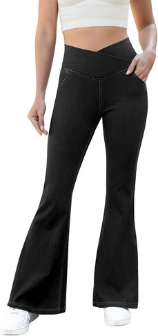 Bell Bottom Jeans for Women Trendy High Waisted Crossover Stretchy Jeans Flare Leggings with Pockets Y2k Jeggings in Saudi Arabia