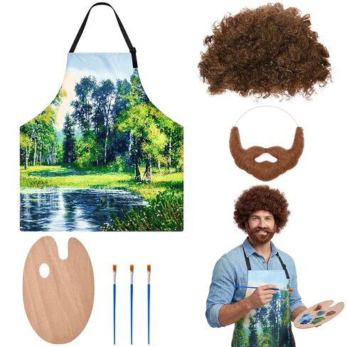 80s Painter Costume Set Brown Wig Moustache Wooden Paint Palette Brush for Halloween Couple Holiday Party Outfit(Forest) in Kuwait
