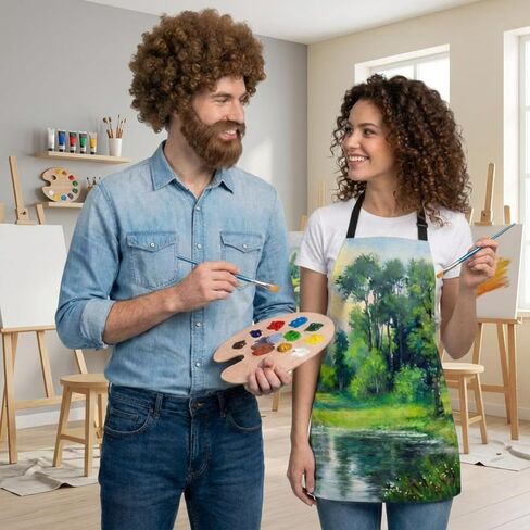 80s Painter Costume Set Brown Wig Moustache Wooden Paint Palette Brush for Halloween Couple Holiday Party Outfit(Forest) in Kuwait