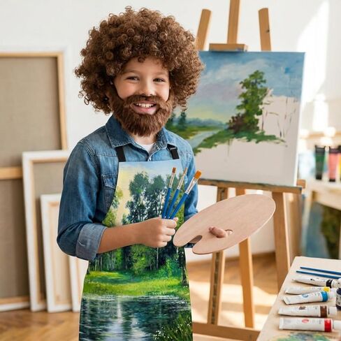 80s Painter Costume Set Brown Wig Moustache Wooden Paint Palette Brush for Halloween Couple Holiday Party Outfit(Forest) in Kuwait