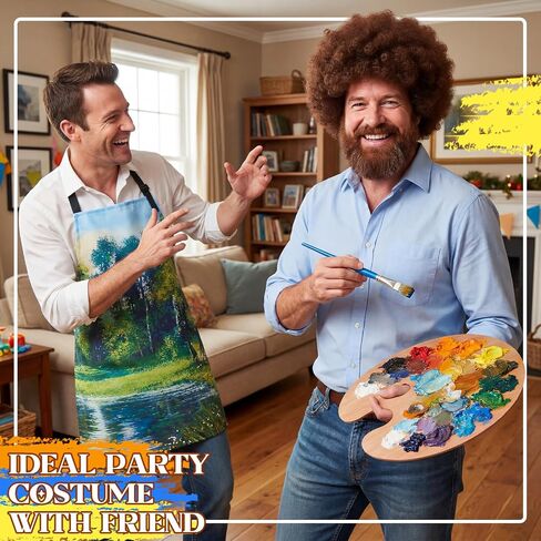 80s Painter Costume Set Brown Wig Moustache Wooden Paint Palette Brush for Halloween Couple Holiday Party Outfit(Forest) in Kuwait