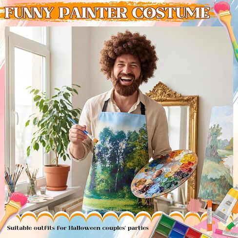 80s Painter Costume Set Brown Wig Moustache Wooden Paint Palette Brush for Halloween Couple Holiday Party Outfit(Forest) in Kuwait