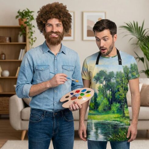 80s Painter Costume Set Brown Wig Moustache Wooden Paint Palette Brush for Halloween Couple Holiday Party Outfit(Forest) in Kuwait