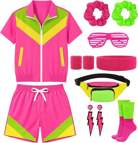 WILDPARTY 80s Outfit for Women Retro Workout Costume Neon Color Block Track Suit Shorts Set with Accessories for Theme Party in Kuwait