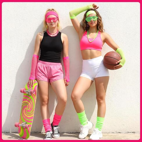 JATEBI 2 Set 80s 90s Neon Costume Accessories for Women 1980s Neon Headbands Earrings Scrunchies Leg Warmers Party Outfit Set for 80s 90s Theme Party Fancy Dress Masquerade in Kuwait