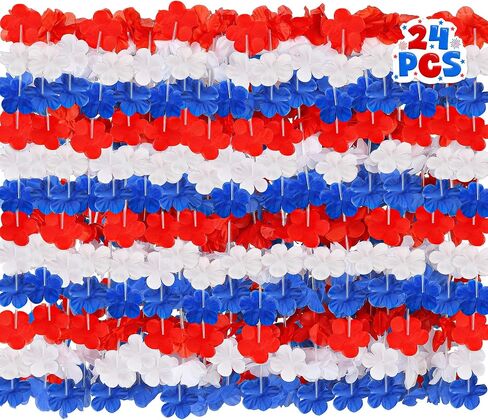 4th of July Accessories, 24pcs 250th Anniversary Patriotic Leis Fourth of July Clothing Costume, Red Blue White Silk Flower Leis Costume, Independence Day Lei for Memorial Day Patriotic Parade in Saudi Arabia