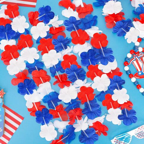 4th of July Accessories, 24pcs 250th Anniversary Patriotic Leis Fourth of July Clothing Costume, Red Blue White Silk Flower Leis Costume, Independence Day Lei for Memorial Day Patriotic Parade in Saudi Arabia