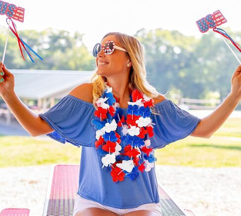 4th of July Accessories, 24pcs 250th Anniversary Patriotic Leis Fourth of July Clothing Costume, Red Blue White Silk Flower Leis Costume, Independence Day Lei for Memorial Day Patriotic Parade in Saudi Arabia
