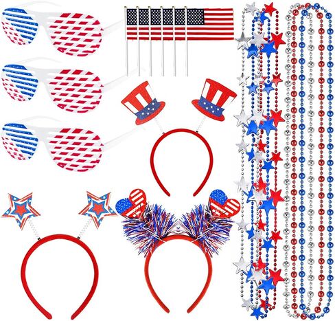 18 Pcs 4th of July Party Favors, 250 Accessories Patriotic Party Supplies, Independence Day Decorations with Shutter Glasses, Headbands, Beaded Necklaces, Flags for Memorial Day Favors Multi in Saudi Arabia