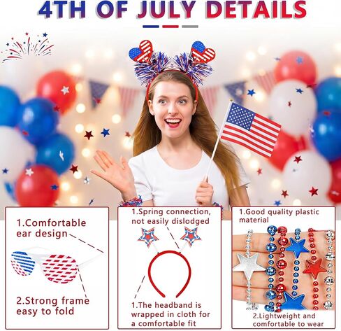 18 Pcs 4th of July Party Favors, 250 Accessories Patriotic Party Supplies, Independence Day Decorations with Shutter Glasses, Headbands, Beaded Necklaces, Flags for Memorial Day Favors Multi in Saudi Arabia