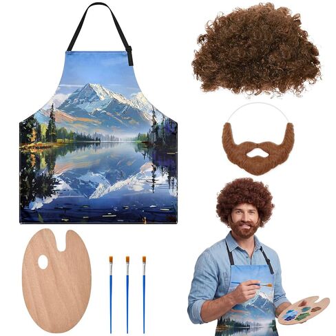 80s Painter Costume Set Brown Wig Moustache Wooden Paint Palette Brush for Halloween Couple Holiday Party Outfit(Forest) in Kuwait