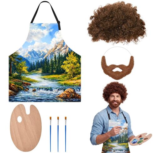 80s Painter Costume Set Brown Wig Moustache Wooden Paint Palette Brush for Halloween Couple Holiday Party Outfit(Forest) in Kuwait