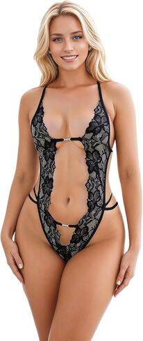 Lingerie for Women Sexy Naughty One Piece Deep V Lace Bodysuit Cut Out Teddy Babydoll Lingerie Black Onesize 12-16 in Kuwait