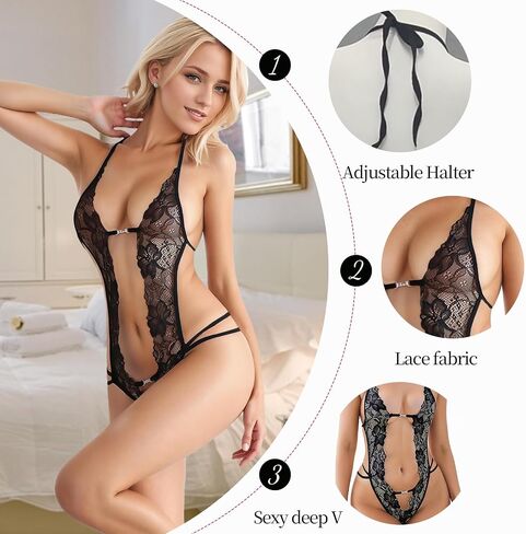Lingerie for Women Sexy Naughty One Piece Deep V Lace Bodysuit Cut Out Teddy Babydoll Lingerie Black Onesize 12-16 in Kuwait
