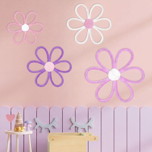 Ganeen Boho Nursery Woven Daisy Flowers Daisy Wall Decor Nursery Decor Macrame Wall Hanging Supply for Girl Bohemian Art Home Bedroom Room Flowers Set of 4(Cute Color,6 Petals) in Kuwait
