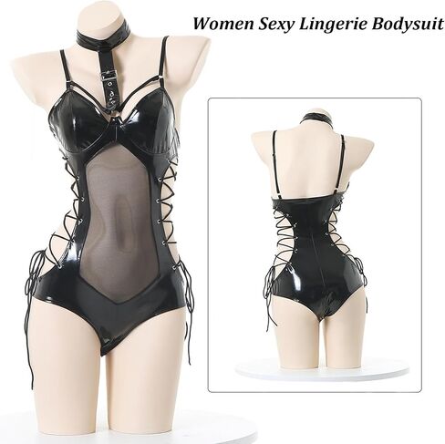 Women Lingerie Bodysuit Leather Mesh Wetlook Halter Neck One Piece Deep V Teddy Mini Babydoll Clubwear Teddy Bodysuit in Kuwait