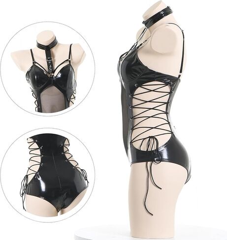 Women Lingerie Bodysuit Leather Mesh Wetlook Halter Neck One Piece Deep V Teddy Mini Babydoll Clubwear Teddy Bodysuit in Kuwait