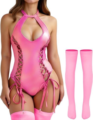 Women's Sexy PU Leather Bodysuit One Piece Halter Neck Lingerie Sleeveless Teddy Bodysuit in Kuwait