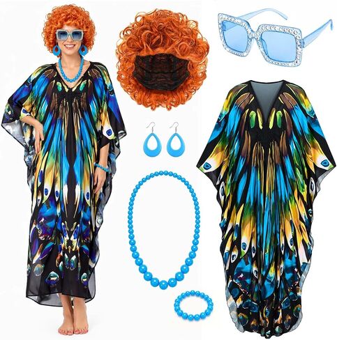 6 Pcs Women's Landlady Costume Curly Wig Caftan Dress Bead Jewelry and Glasses for Halloween Luau Cruise Party in Saudi Arabia