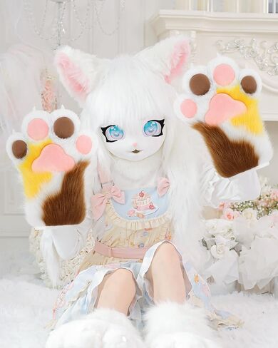 واقعية Colorblock القطط باو قفازات أفخم Fursuit مخلب مخلب قفازات الكبار تأثيري حلي التبعي in Saudi Arabia
