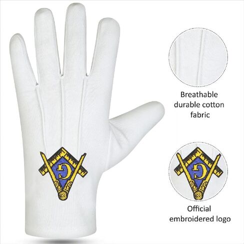 Premium Breathable Masonic Regalia pair of gloves – 100% Cotton White Gloves pair with Square & Compass “G" Embroidered Logo – Official Authentic Freemason Gloves pair in Saudi Arabia