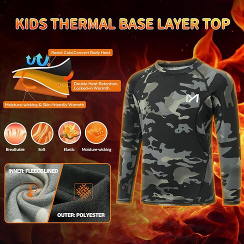 Boys Compression Thermal Shirt - Youth Long Sleeve Fleece Base Layer Undershirts Football Baseball Black Camo in Kuwait
