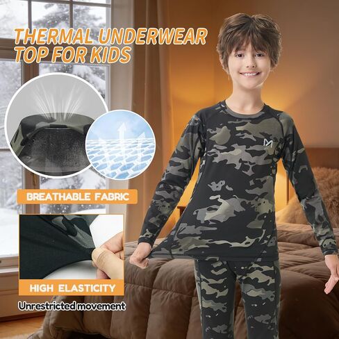 Boys Compression Thermal Shirt - Youth Long Sleeve Fleece Base Layer Undershirts Football Baseball Black Camo in Kuwait