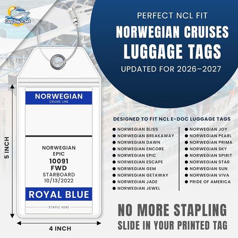 Norwegian Cruise Line Luggage Tag Holders (4 Pack) - fits NCL Print at Home Tags 2026-2027 sailings. Clear Waterproof PVC with Steel Loop Fasteners. Cruise Essentials in Saudi Arabia