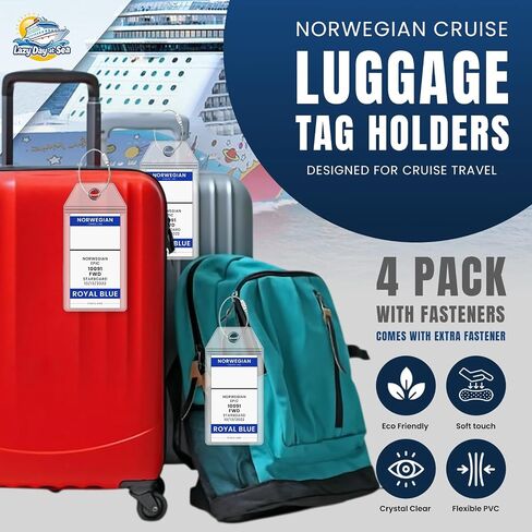 Norwegian Cruise Line Luggage Tag Holders (4 Pack) - fits NCL Print at Home Tags 2026-2027 sailings. Clear Waterproof PVC with Steel Loop Fasteners. Cruise Essentials in Saudi Arabia