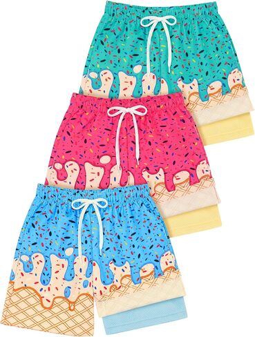 Unittype 3 Pcs Ice Cream Swim Trunks for Kids Beach Shorts Quick Dry Swimwear with Compression Liner Drawstring Waist in Kuwait