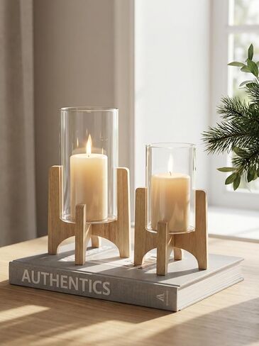 NUPTIO Hurricane Glass Candle Holders: Set of 2 Pillar Candle Holders with Wooden Stands - Mid Century Organic Modern Vases for Dining Table Centerpieces Decor in Saudi Arabia