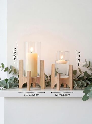 NUPTIO Hurricane Glass Candle Holders: Set of 2 Pillar Candle Holders with Wooden Stands - Mid Century Organic Modern Vases for Dining Table Centerpieces Decor in Saudi Arabia