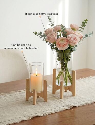 NUPTIO Hurricane Glass Candle Holders: Set of 2 Pillar Candle Holders with Wooden Stands - Mid Century Organic Modern Vases for Dining Table Centerpieces Decor in Saudi Arabia