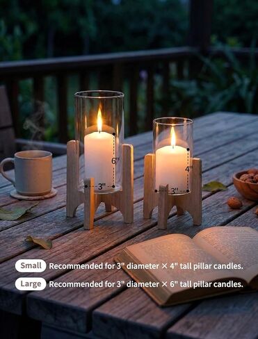 NUPTIO Hurricane Glass Candle Holders: Set of 2 Pillar Candle Holders with Wooden Stands - Mid Century Organic Modern Vases for Dining Table Centerpieces Decor in Saudi Arabia