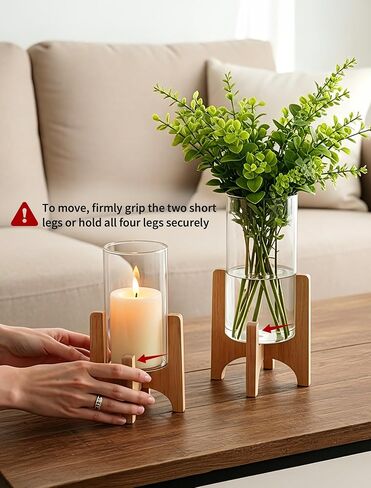 NUPTIO Hurricane Glass Candle Holders: Set of 2 Pillar Candle Holders with Wooden Stands - Mid Century Organic Modern Vases for Dining Table Centerpieces Decor in Saudi Arabia