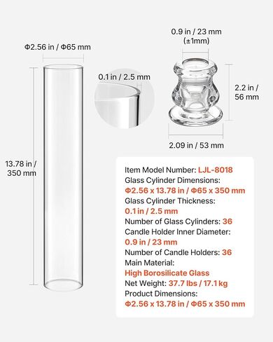VEVOR Hurricane Candle Holders Set of 36, Φ2.56 x 13.78 in Tall Clear Glass Cylinder Candleholder Sleeve, High Borosilicate Glass, Wind Protection for Wedding, Table Centerpiece, Party, Home Decor in Kuwait