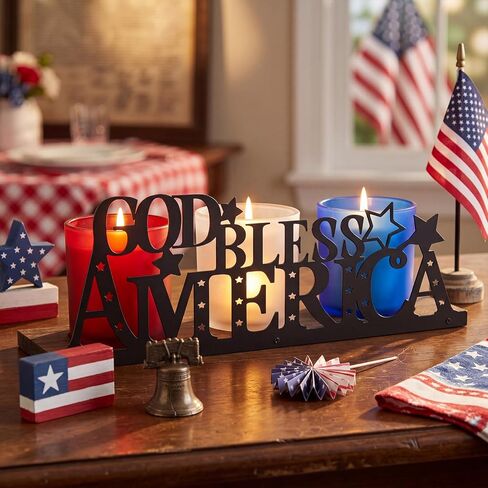 250 Anniversary Decorations with 3 Glass Votive 1 Wooden Tray God Bless America Decor Patriotic Red Blue White Table Decorations 4th of July Rustic Decor for Memorial Independence Day in Saudi Arabia