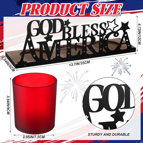 250 Anniversary Decorations with 3 Glass Votive 1 Wooden Tray God Bless America Decor Patriotic Red Blue White Table Decorations 4th of July Rustic Decor for Memorial Independence Day in Saudi Arabia