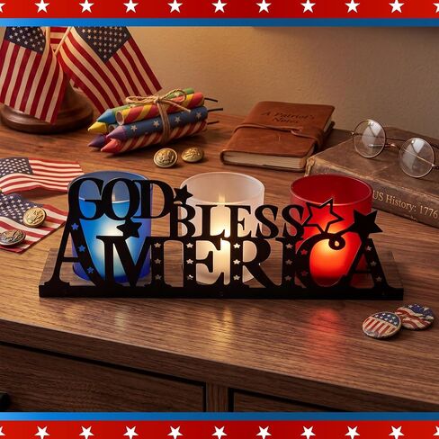 250 Anniversary Decorations with 3 Glass Votive 1 Wooden Tray God Bless America Decor Patriotic Red Blue White Table Decorations 4th of July Rustic Decor for Memorial Independence Day in Saudi Arabia