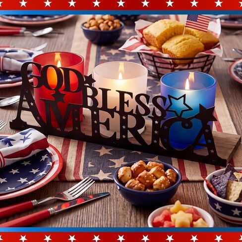 250 Anniversary Decorations with 3 Glass Votive 1 Wooden Tray God Bless America Decor Patriotic Red Blue White Table Decorations 4th of July Rustic Decor for Memorial Independence Day in Saudi Arabia