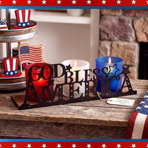250 Anniversary Decorations with 3 Glass Votive 1 Wooden Tray God Bless America Decor Patriotic Red Blue White Table Decorations 4th of July Rustic Decor for Memorial Independence Day in Saudi Arabia