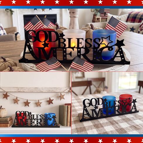 250 Anniversary Decorations with 3 Glass Votive 1 Wooden Tray God Bless America Decor Patriotic Red Blue White Table Decorations 4th of July Rustic Decor for Memorial Independence Day in Saudi Arabia