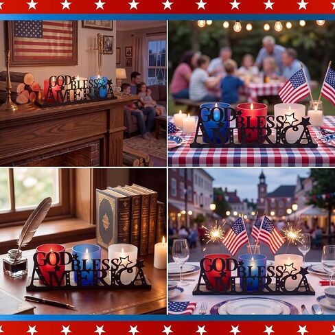 250 Anniversary Decorations with 3 Glass Votive 1 Wooden Tray God Bless America Decor Patriotic Red Blue White Table Decorations 4th of July Rustic Decor for Memorial Independence Day in Saudi Arabia