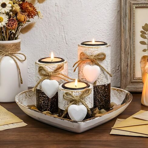 Farmhouse Candle Holders 3 Pack Rustic Wooden Pillar Candle Holder with Heart Tray and Stones Tealight Candles Holders Farmhouse Centerpiece for Coffee Table Mothers Day Valentines Home Decor in Saudi Arabia