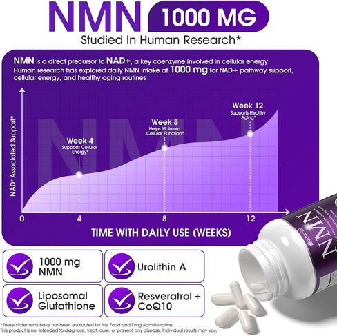 مكمل NMN 1000 مجم لكل وجبة، 14 في 1 مع TMG، أوروليثين A، ريسفيراترول، الجلوتاثيون، CoQ10 للرجال والنساء، بديل NMNH ومكمل NAD+، يدعم الطاقة ومستوى NAD+، 60 قطعة in Kuwait
