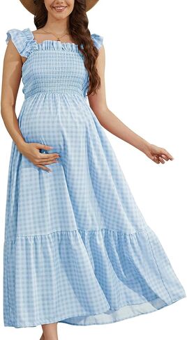 Off the Shoulder Maternity Dress for Baby Shower & Photoshoot, Retro Plaid Ruffle Sleeve Maxi Dress for Summer Pregnancy in Saudi Arabia
