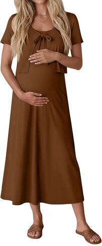 2 Piece Maternity Outfit Summer Maxi Dress and Cardigan Set with Pocket Casual Pregnancy Clothes for Baby Shower in Kuwait